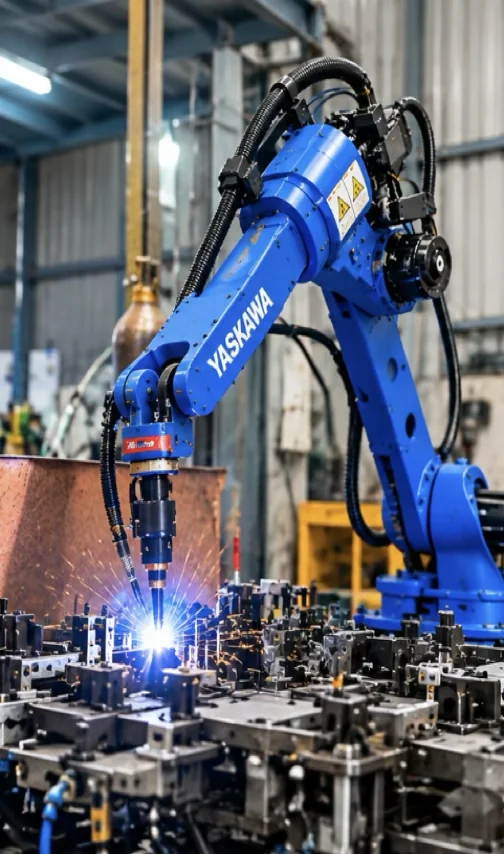 Yaskawa Motoman robotic arm welding a metal assembly at Plant 2