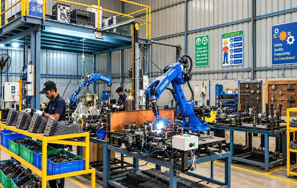 Plant 2 Yaskawa robotic welding cell with operators at MechEase Engineering