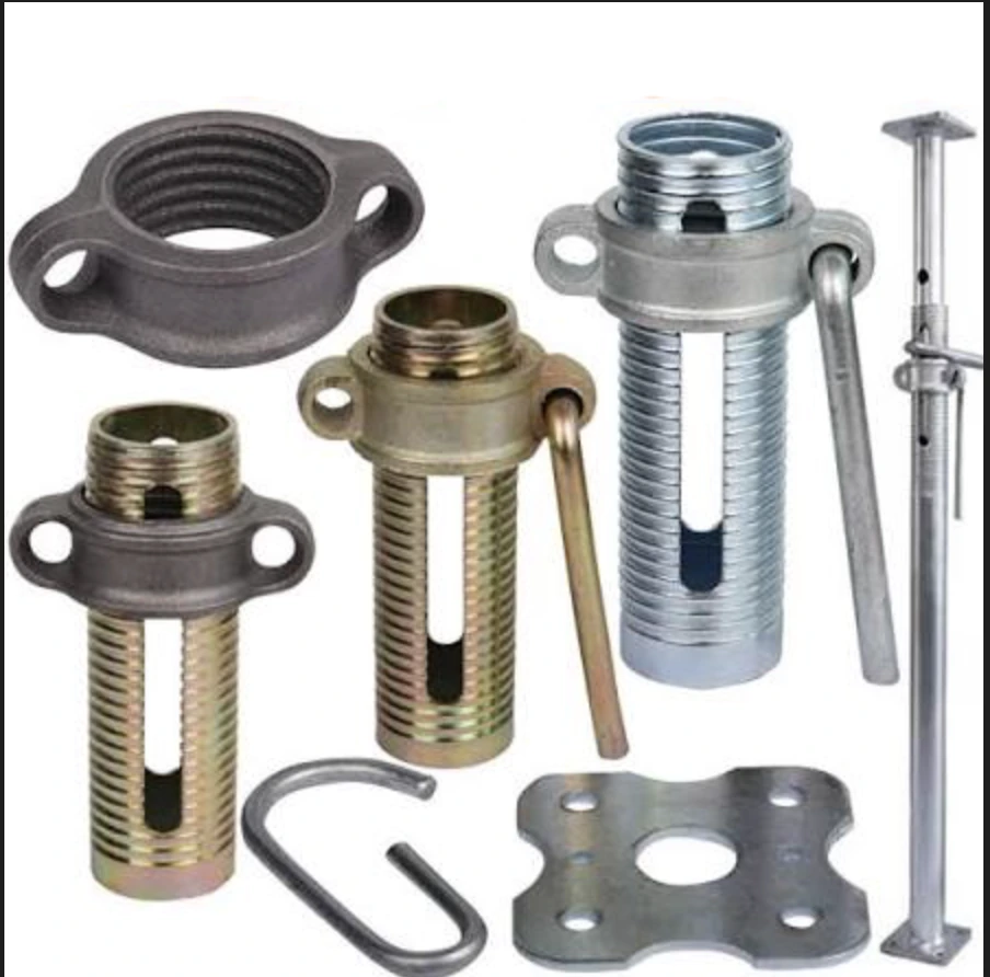 Scaffolding props with prop nut, threaded sleeve, G-pin and base plate