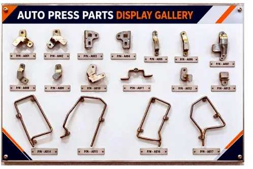 Auto Press Parts Display Gallery board with stamped brackets, clips and wire-form frames sample range A001 to A017