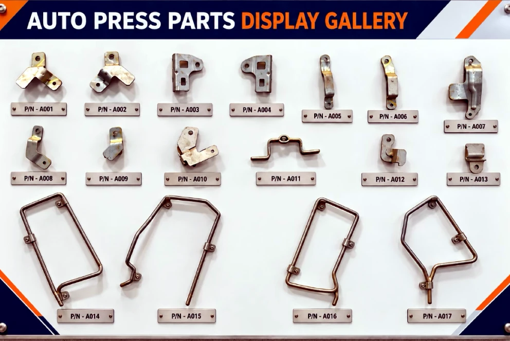 Auto Press Parts Display Gallery board with sample parts A001 to A017